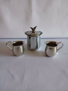 Mid Century Set of 3 Stainless Steel Creamers or Frothers/Lidded Sugar Bowl